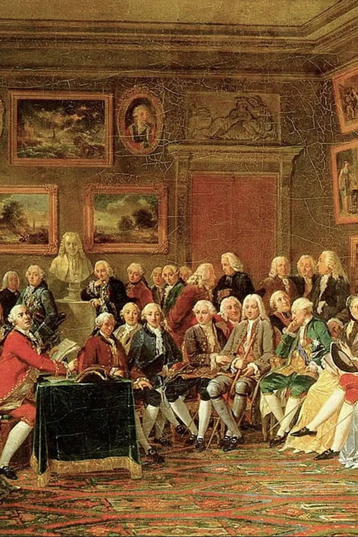 An 18th-century salon gathering of aristocrats and intellectuals, depicted in richly detailed period clothing, seated and conversing in an opulent room adorned with framed paintings, ornate woodwork, and a bust of a philosopher at the center, evoking the spirit of Enlightenment-era discourse.